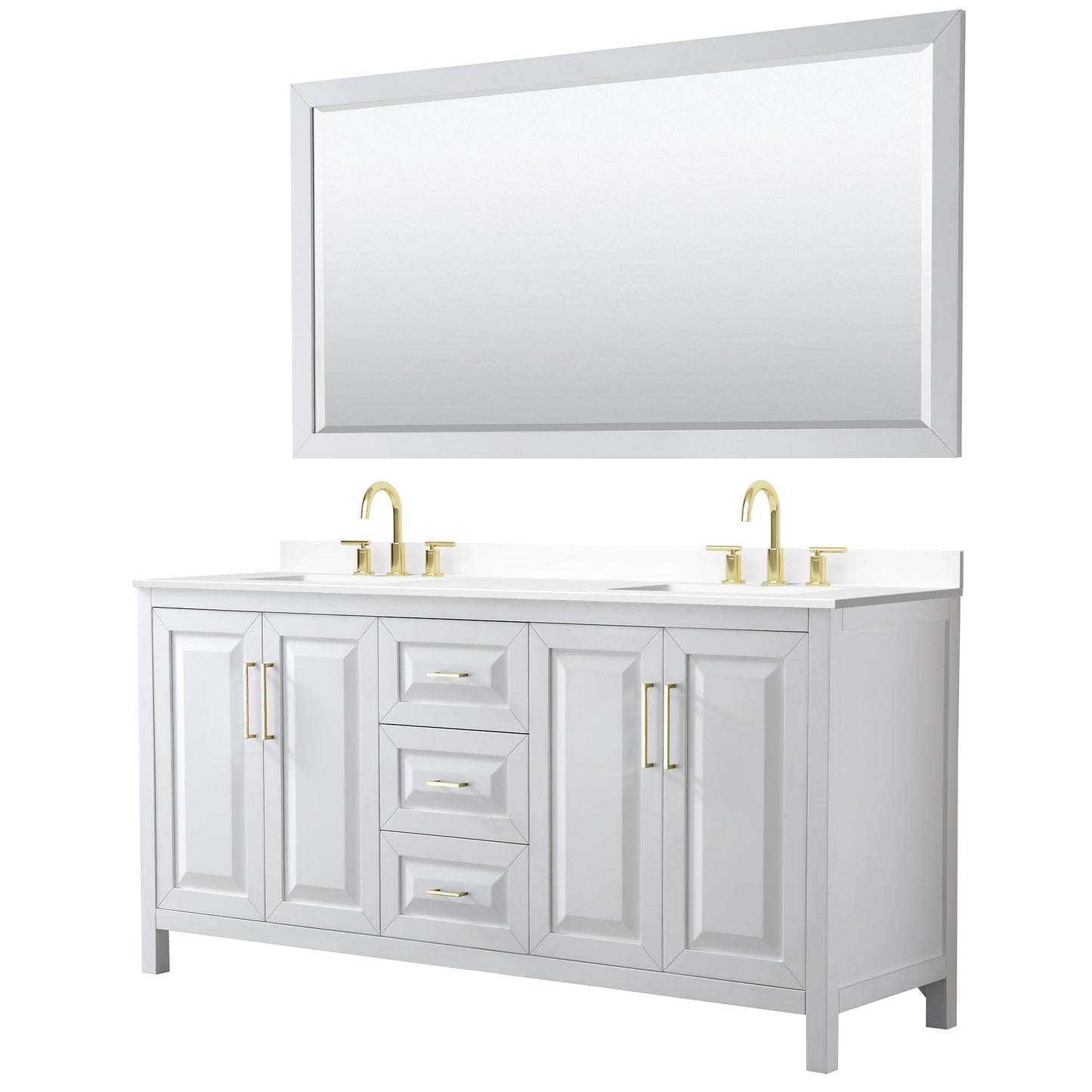 Wyndham Collection Daria 72" Double Bathroom Vanity in White, White Cultured Marble Countertop, Undermount Square Sinks (3-Hole), 70" Mirror, Brushed Gold Trim