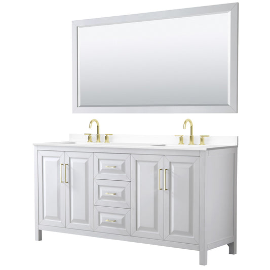 Wyndham Collection Daria 72" Double Bathroom Vanity in White, White Cultured Marble Countertop, Undermount Square Sinks (3-Hole), 70" Mirror, Brushed Gold Trim