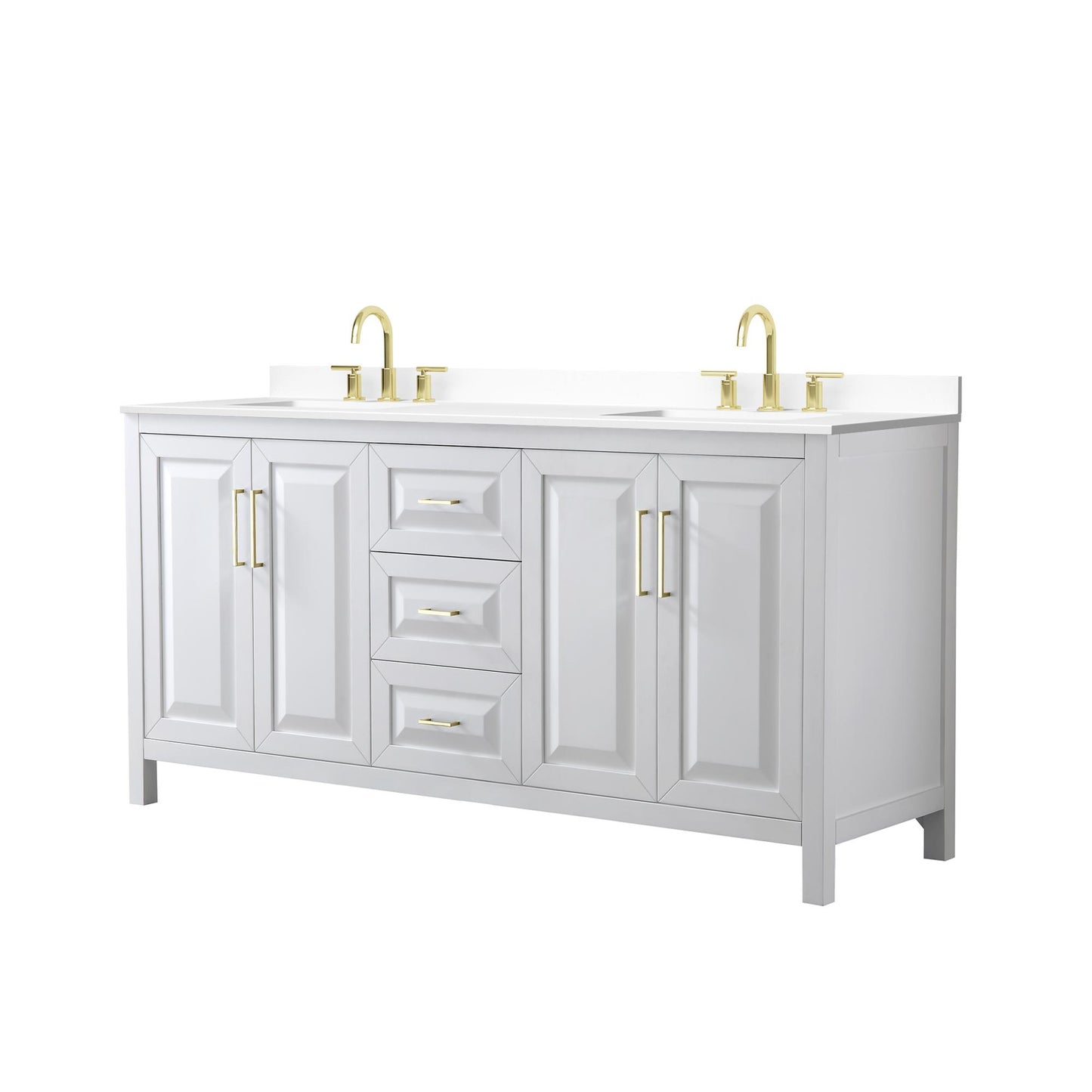 Wyndham Collection Daria 72" Double Bathroom Vanity in White, White Cultured Marble Countertop, Undermount Square Sinks (3-Hole), Brushed Gold Trim