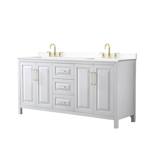 Wyndham Collection Daria 72" Double Bathroom Vanity in White, White Cultured Marble Countertop, Undermount Square Sinks (3-Hole), Brushed Gold Trim