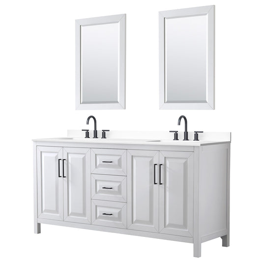 Wyndham Collection Daria 72" Double Bathroom Vanity in White, White Cultured Marble Countertop, Undermount Square Sinks (3-Hole), Matte Black Trim, 24" Mirrors