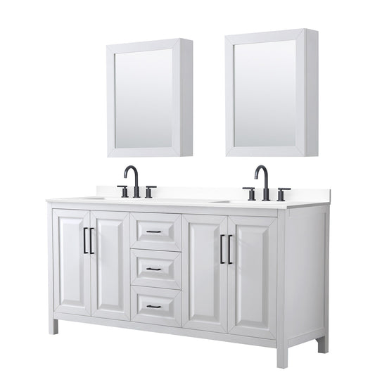 Wyndham Collection Daria 72" Double Bathroom Vanity in White, White Cultured Marble Countertop, Undermount Square Sinks (3-Hole), Matte Black Trim, Medicine Cabinets