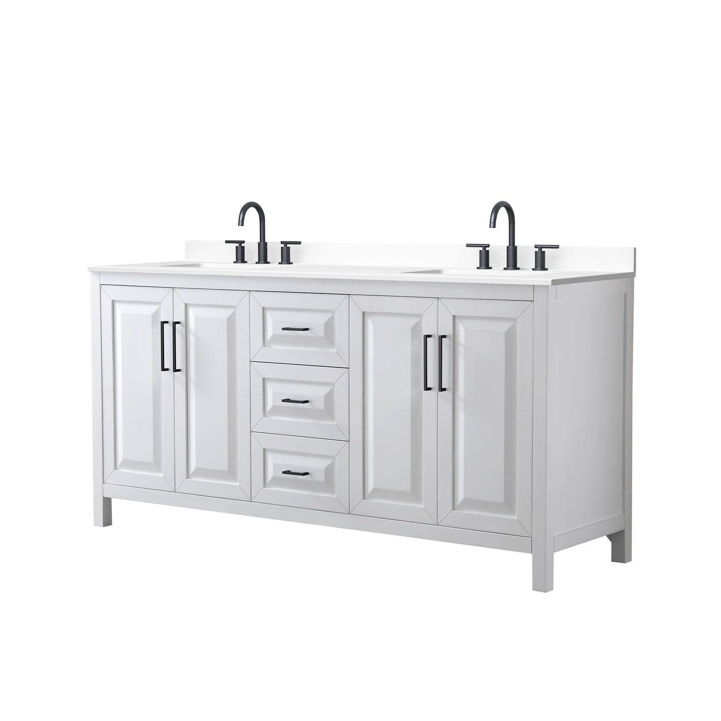 Wyndham Collection Daria 72" Double Bathroom Vanity in White, White Cultured Marble Countertop, Undermount Square Sinks (3-Hole), Matte Black Trim