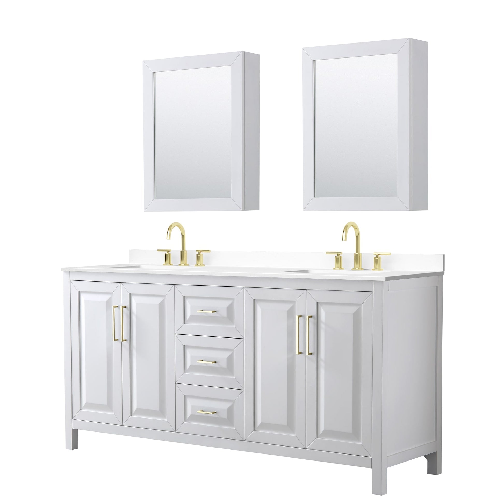 Wyndham Collection Daria 72" Double Bathroom Vanity in White, White Cultured Marble Countertop, Undermount Square Sinks (3-Hole), Medicine Cabinets, Brushed Gold Trim