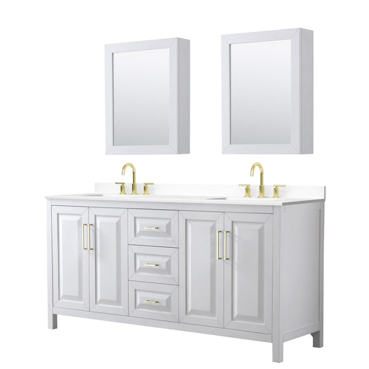 Wyndham Collection Daria 72" Double Bathroom Vanity in White, White Cultured Marble Countertop, Undermount Square Sinks (3-Hole), Medicine Cabinets, Brushed Gold Trim