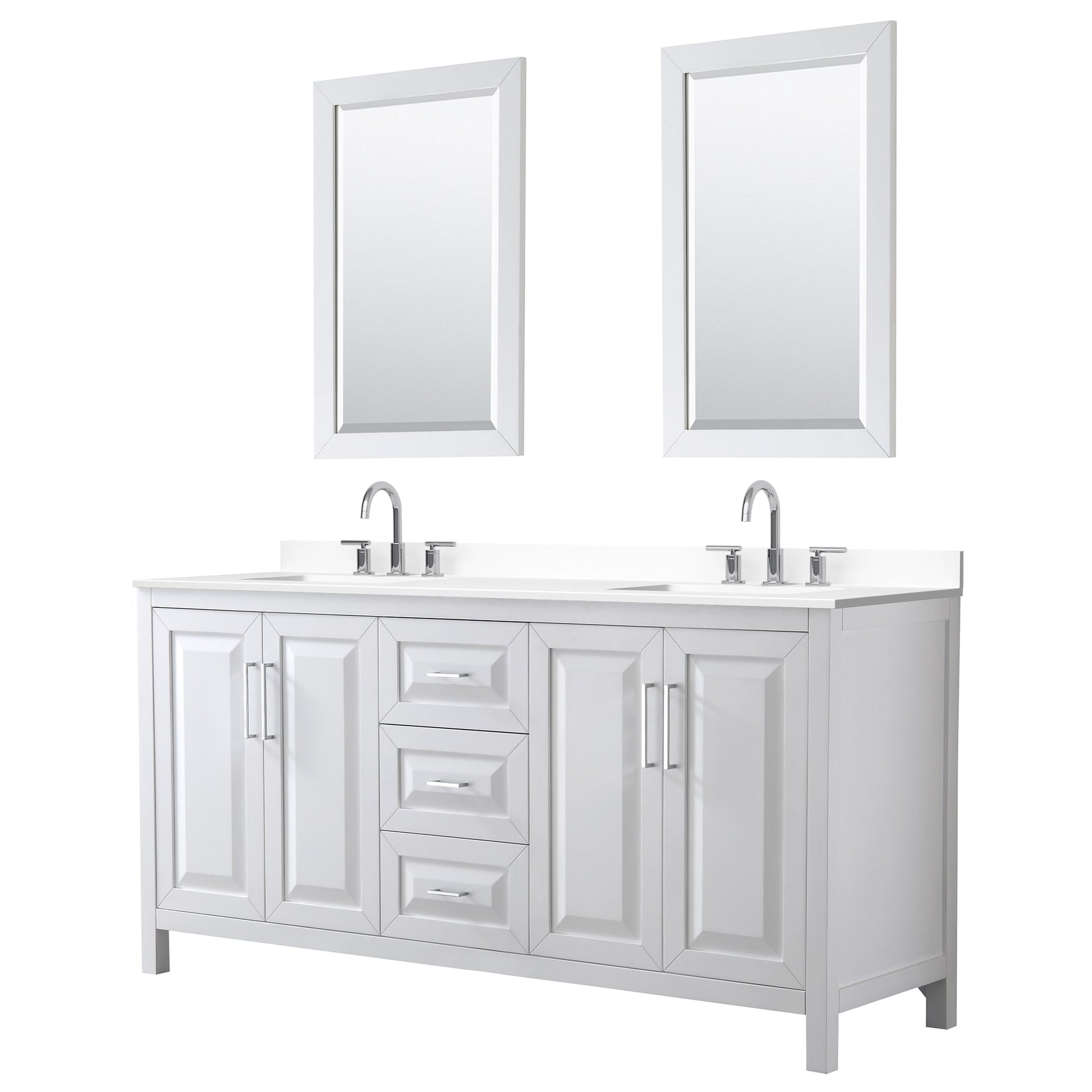 Wyndham Collection Daria 72" Double Bathroom Vanity in White, White Cultured Marble Countertop, Undermount Square Sinks (3-Hole), Polished Chrome Trim, 24" Mirrors