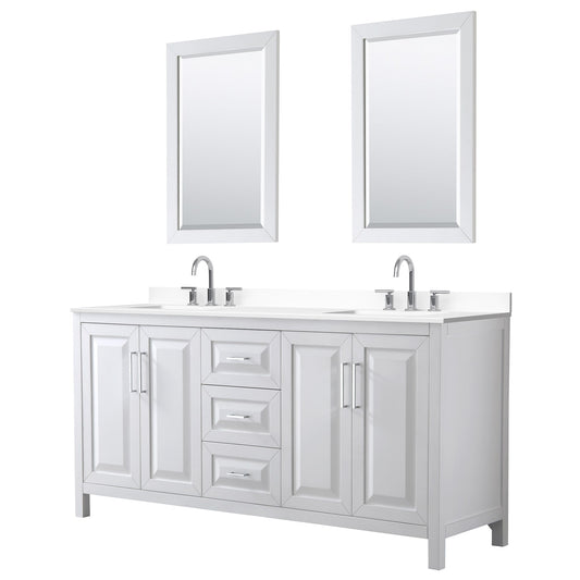 Wyndham Collection Daria 72" Double Bathroom Vanity in White, White Cultured Marble Countertop, Undermount Square Sinks (3-Hole), Polished Chrome Trim, 24" Mirrors