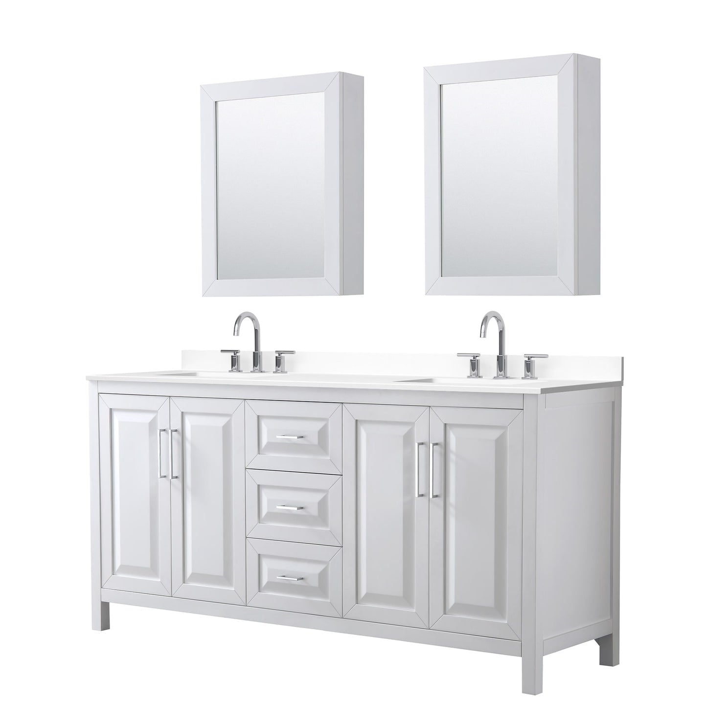 Wyndham Collection Daria 72" Double Bathroom Vanity in White, White Cultured Marble Countertop, Undermount Square Sinks (3-Hole), Polished Chrome Trim, Medicine Cabinets