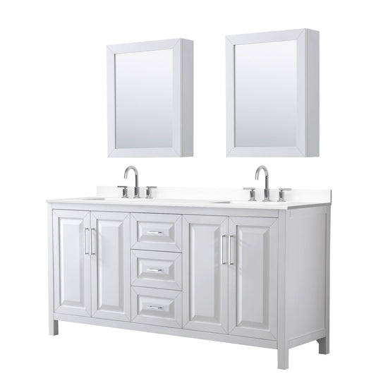 Wyndham Collection Daria 72" Double Bathroom Vanity in White, White Cultured Marble Countertop, Undermount Square Sinks (3-Hole), Polished Chrome Trim, Medicine Cabinets