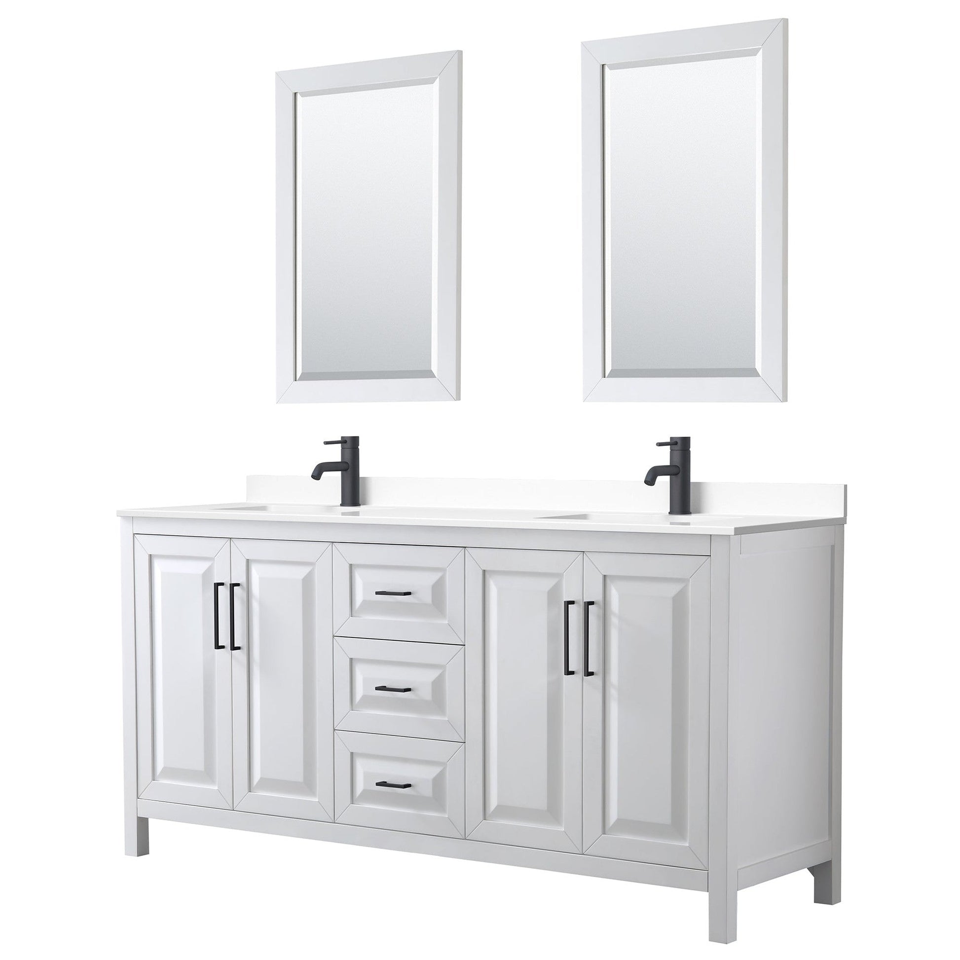 Wyndham Collection Daria 72" Double Bathroom Vanity in White, White Cultured Marble Countertop, Undermount Square Sinks, Matte Black Trim, 24" Mirrors