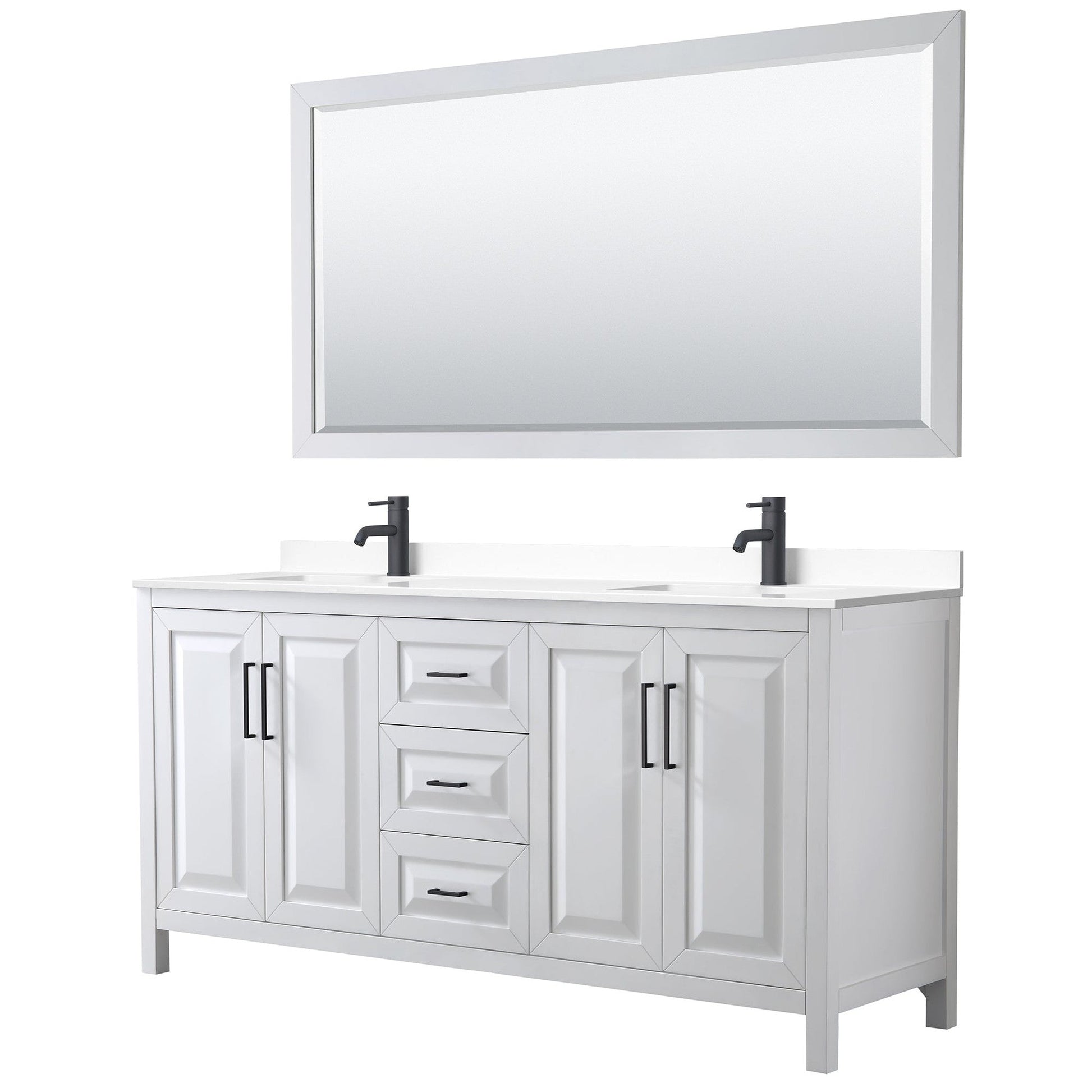 Wyndham Collection Daria 72" Double Bathroom Vanity in White, White Cultured Marble Countertop, Undermount Square Sinks, Matte Black Trim, 70" Mirror