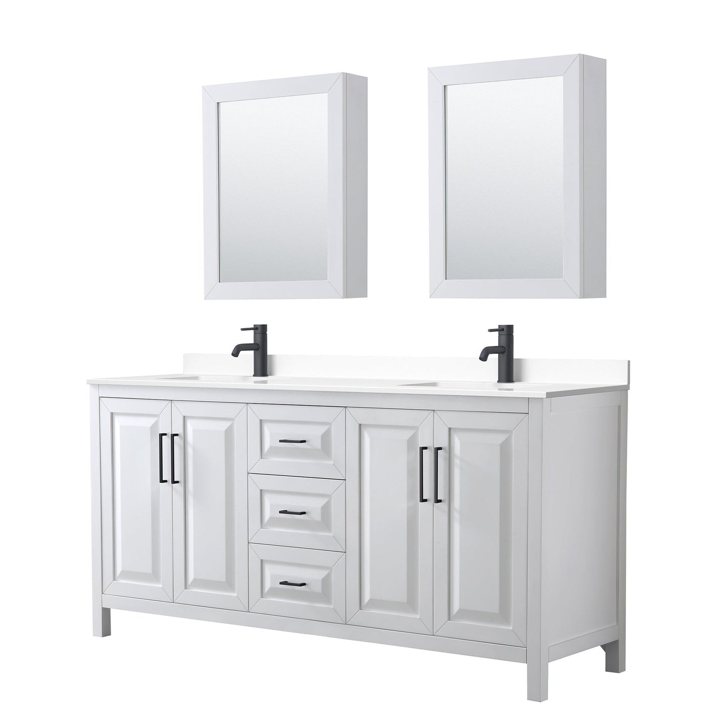 Wyndham Collection Daria 72" Double Bathroom Vanity in White, White Cultured Marble Countertop, Undermount Square Sinks, Matte Black Trim, Medicine Cabinets
