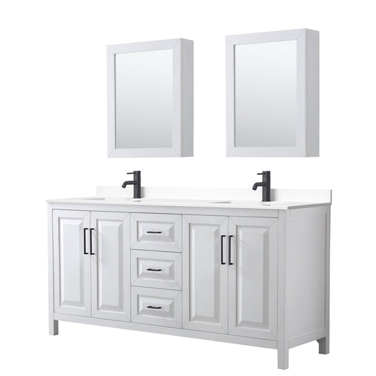 Wyndham Collection Daria 72" Double Bathroom Vanity in White, White Cultured Marble Countertop, Undermount Square Sinks, Matte Black Trim, Medicine Cabinets
