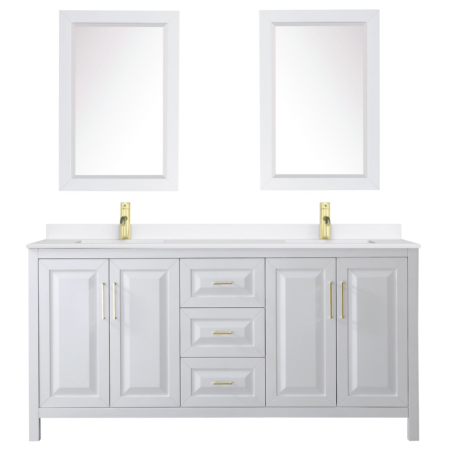 Wyndham Collection Daria 72" Double Bathroom Vanity in White, White Quartz Countertop, Undermount Square Sinks (1-Hole), Brushed Gold Trim, 24" Mirrors
