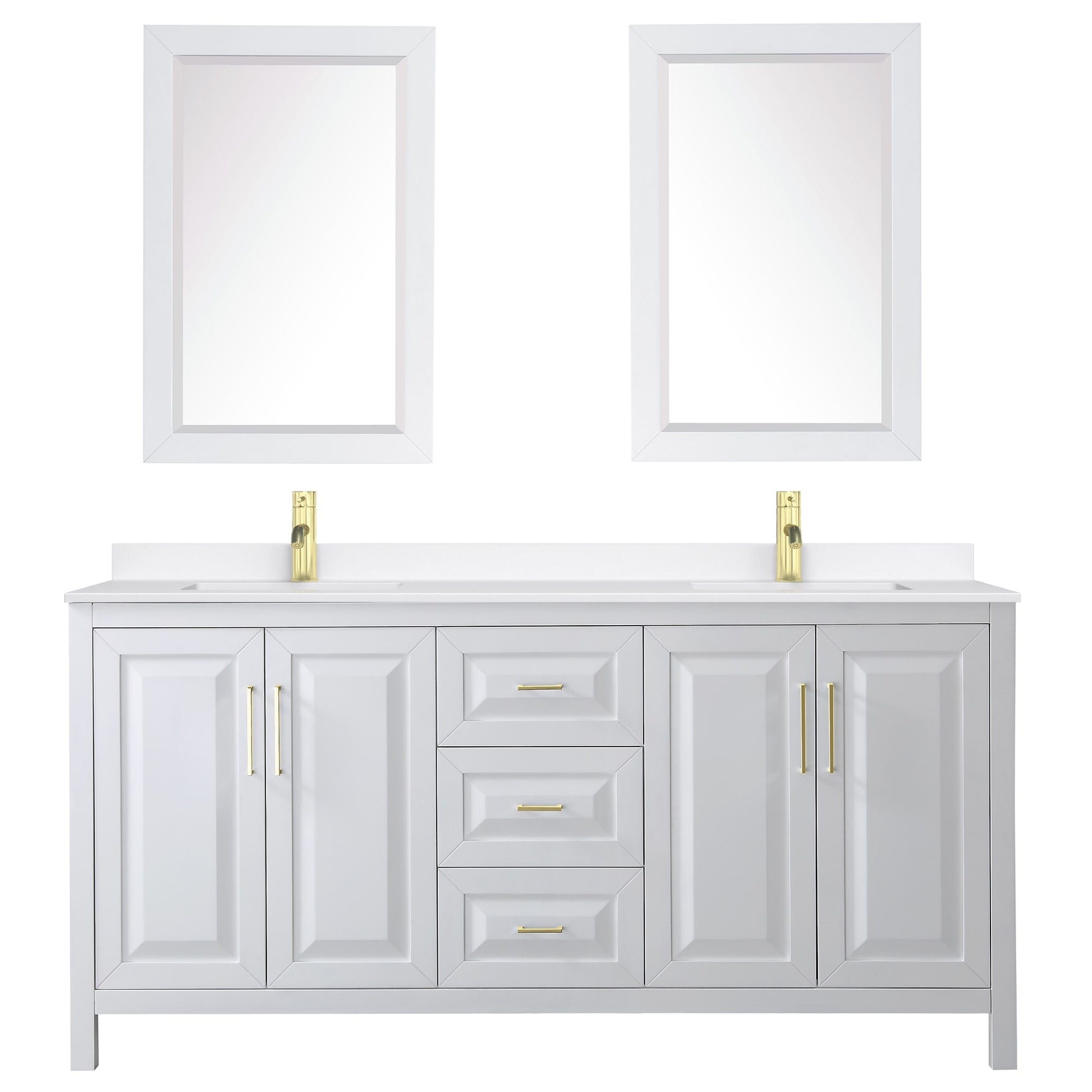 Wyndham Collection Daria 72" Double Bathroom Vanity in White, White Quartz Countertop, Undermount Square Sinks (1-Hole), Brushed Gold Trim, 24" Mirrors