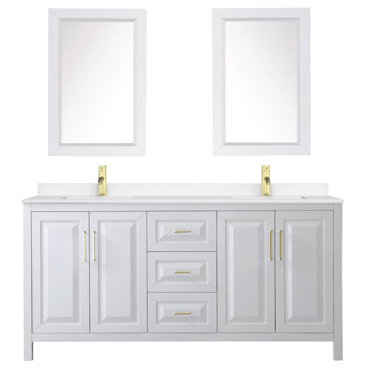 Wyndham Collection Daria 72" Double Bathroom Vanity in White, White Quartz Countertop, Undermount Square Sinks (1-Hole), Brushed Gold Trim, 24" Mirrors