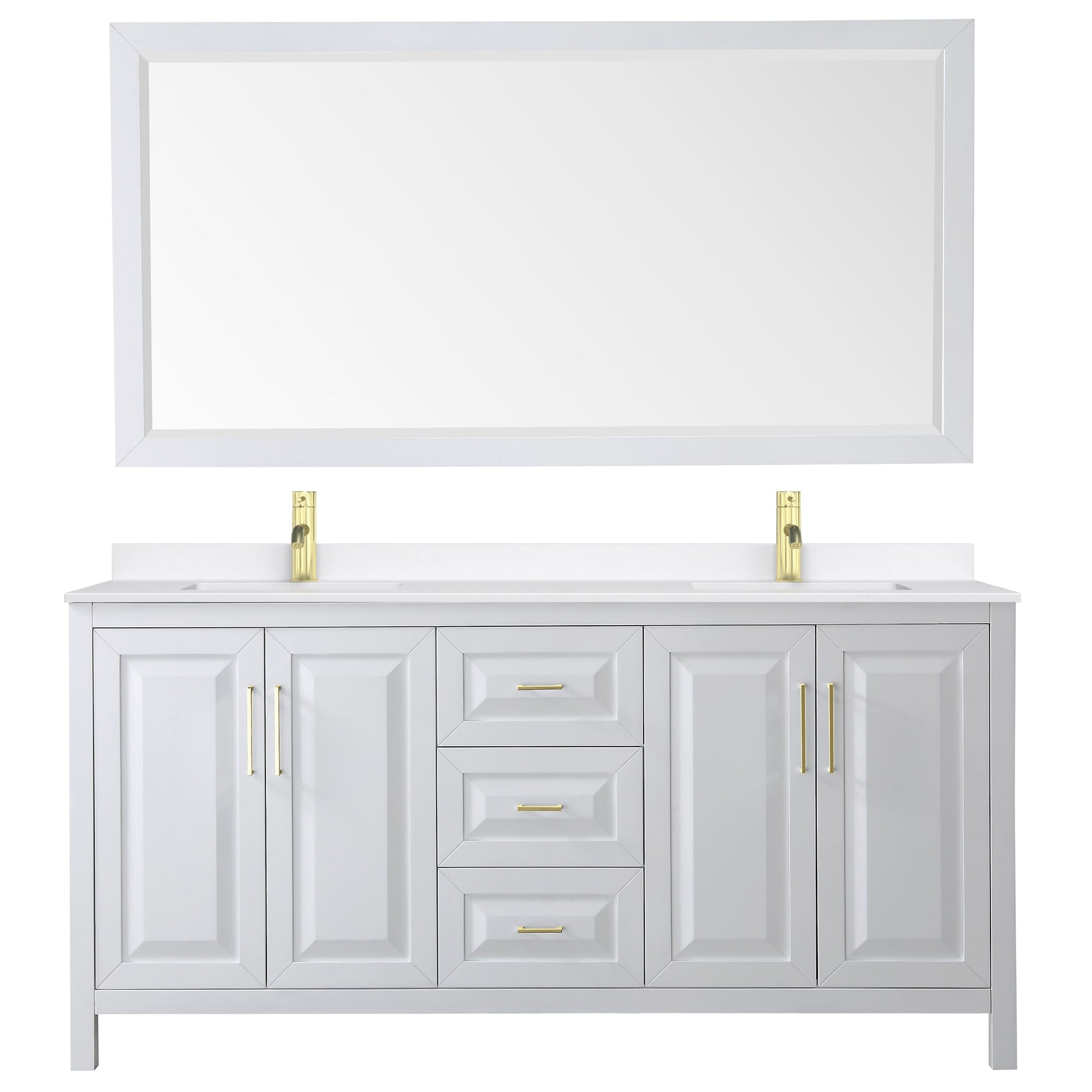 Wyndham Collection Daria 72" Double Bathroom Vanity in White, White Quartz Countertop, Undermount Square Sinks (1-Hole), Brushed Gold Trim, 70" Mirror