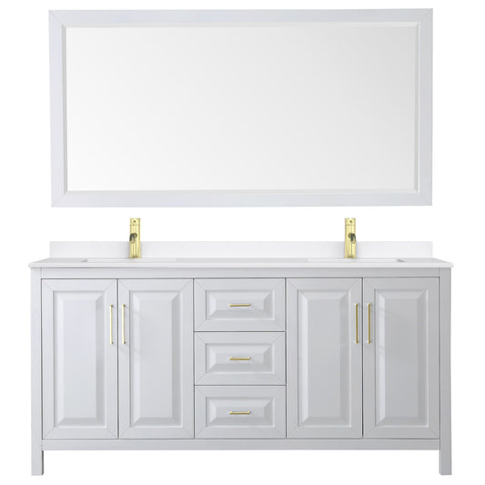 Wyndham Collection Daria 72" Double Bathroom Vanity in White, White Quartz Countertop, Undermount Square Sinks (1-Hole), Brushed Gold Trim, 70" Mirror