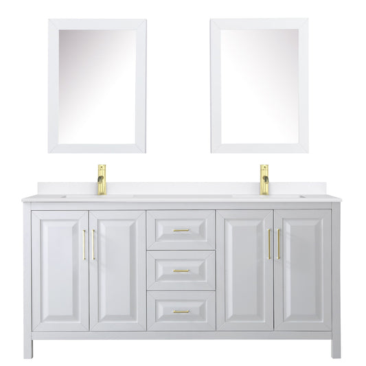 Wyndham Collection Daria 72" Double Bathroom Vanity in White, White Quartz Countertop, Undermount Square Sinks (1-Hole), Brushed Gold Trim, Medicine Cabinets