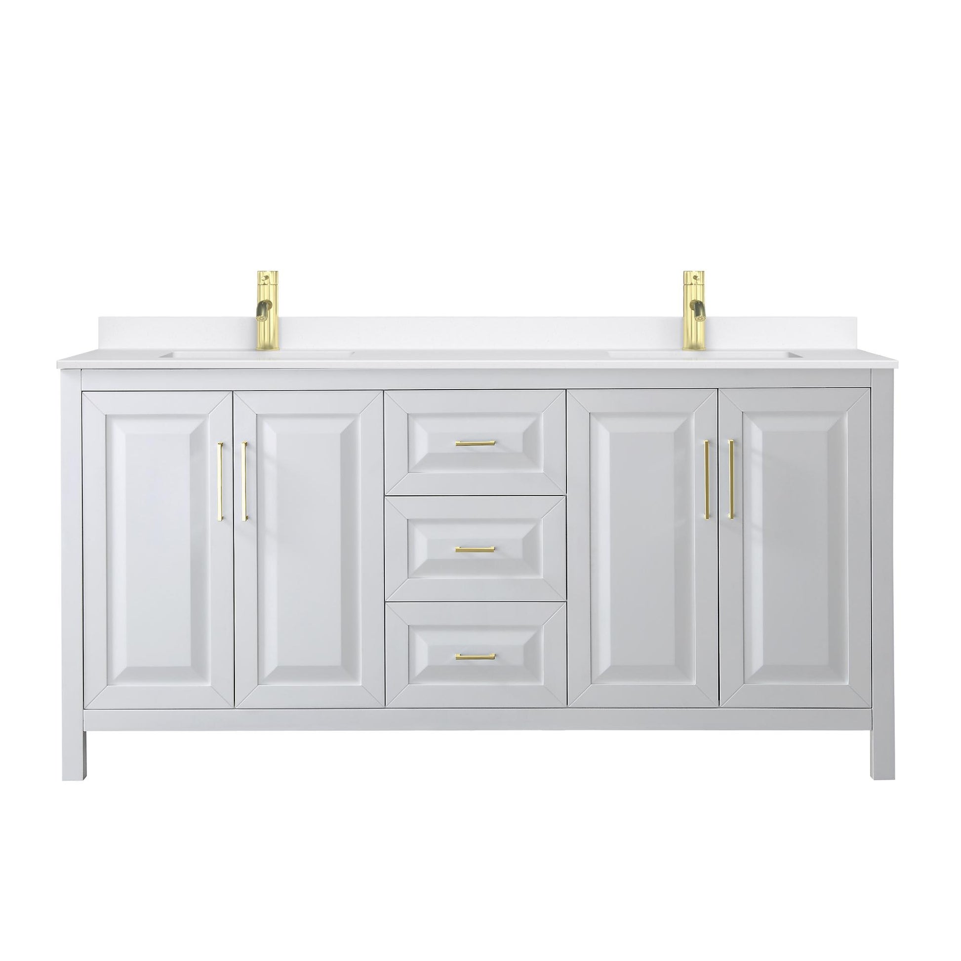 Wyndham Collection Daria 72" Double Bathroom Vanity in White, White Quartz Countertop, Undermount Square Sinks (1-Hole), Brushed Gold Trim
