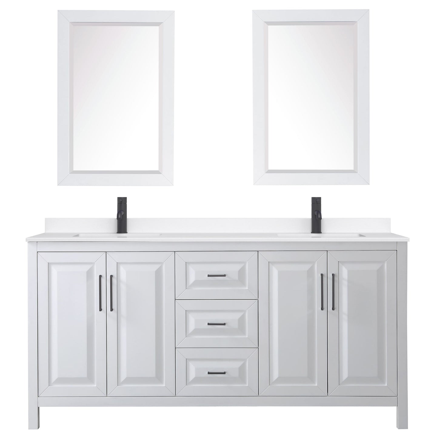 Wyndham Collection Daria 72" Double Bathroom Vanity in White, White Quartz Countertop, Undermount Square Sinks (1-Hole), Matte Black Trim, 24" Mirrors