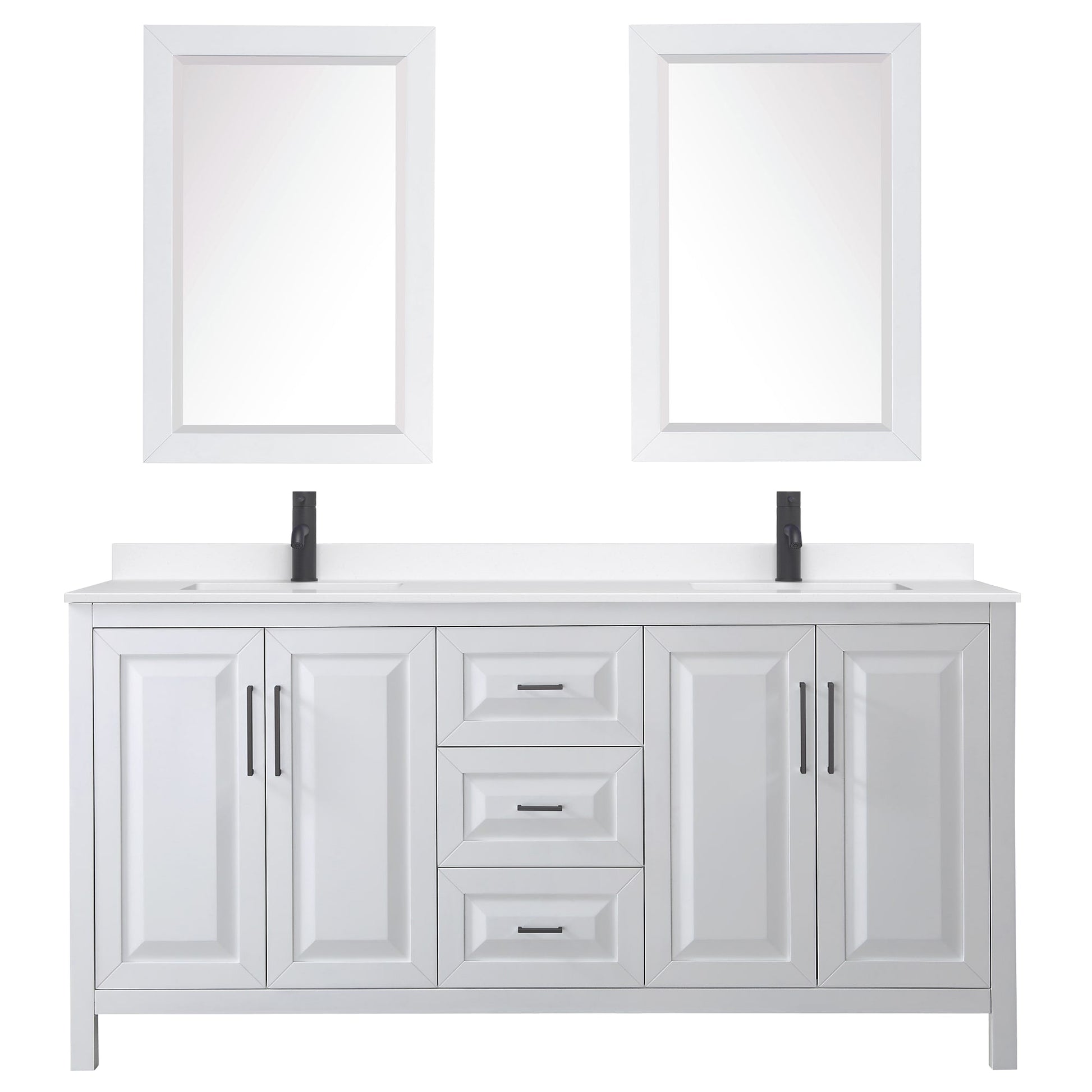 Wyndham Collection Daria 72" Double Bathroom Vanity in White, White Quartz Countertop, Undermount Square Sinks (1-Hole), Matte Black Trim, 24" Mirrors