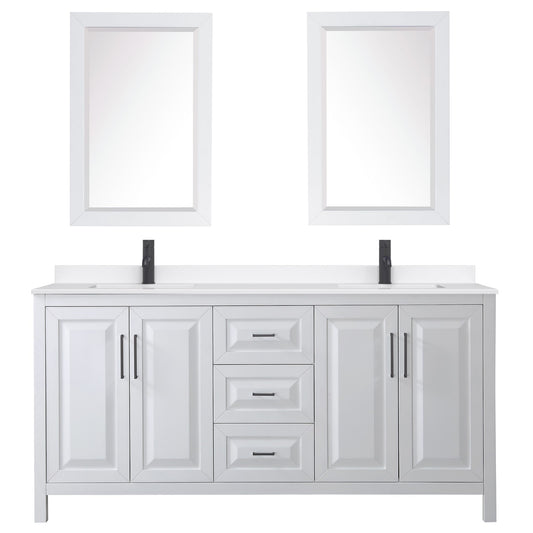 Wyndham Collection Daria 72" Double Bathroom Vanity in White, White Quartz Countertop, Undermount Square Sinks (1-Hole), Matte Black Trim, 24" Mirrors
