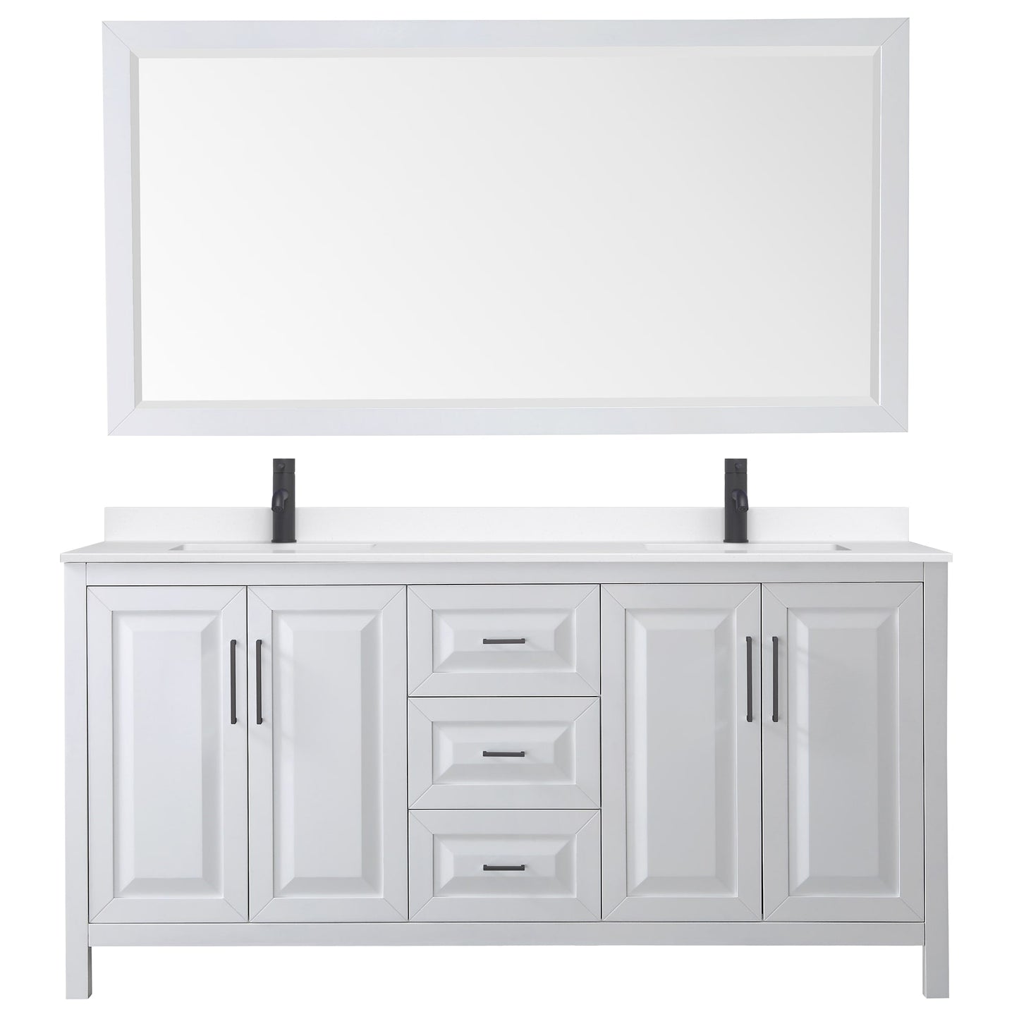 Wyndham Collection Daria 72" Double Bathroom Vanity in White, White Quartz Countertop, Undermount Square Sinks (1-Hole), Matte Black Trim, 70" Mirror