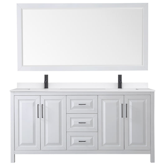Wyndham Collection Daria 72" Double Bathroom Vanity in White, White Quartz Countertop, Undermount Square Sinks (1-Hole), Matte Black Trim, 70" Mirror