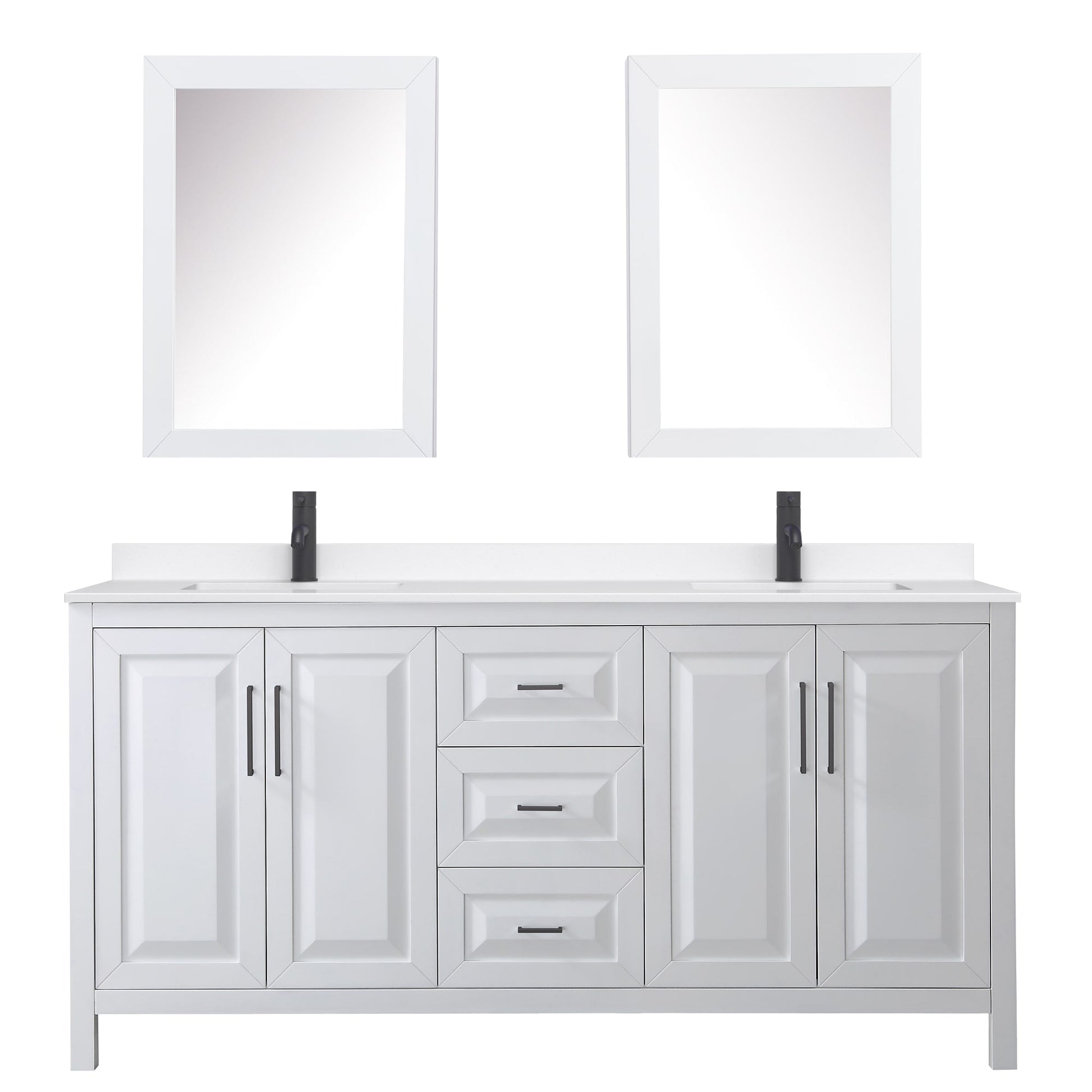 Wyndham Collection Daria 72" Double Bathroom Vanity in White, White Quartz Countertop, Undermount Square Sinks (1-Hole), Matte Black Trim, Medicine Cabinets