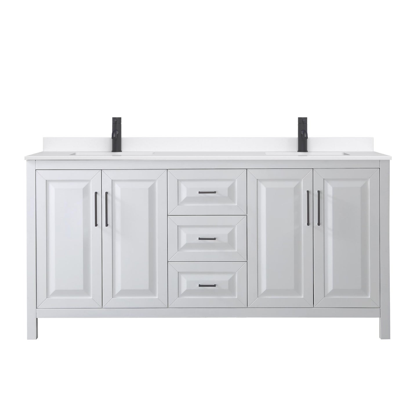 Wyndham Collection Daria 72" Double Bathroom Vanity in White, White Quartz Countertop, Undermount Square Sinks (1-Hole), Matte Black Trim