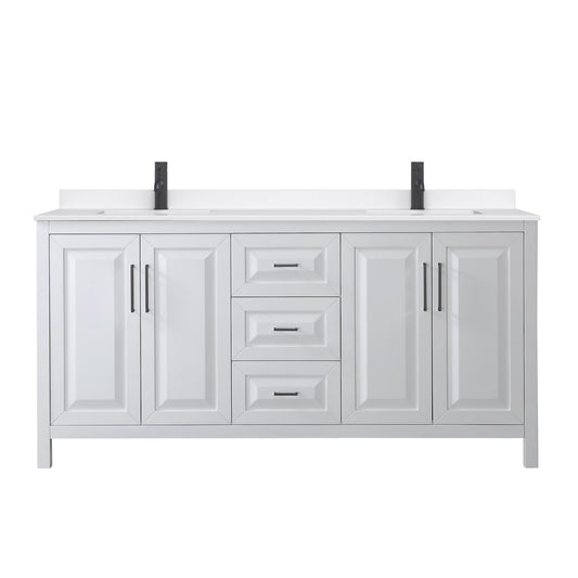 Wyndham Collection Daria 72" Double Bathroom Vanity in White, White Quartz Countertop, Undermount Square Sinks (1-Hole), Matte Black Trim