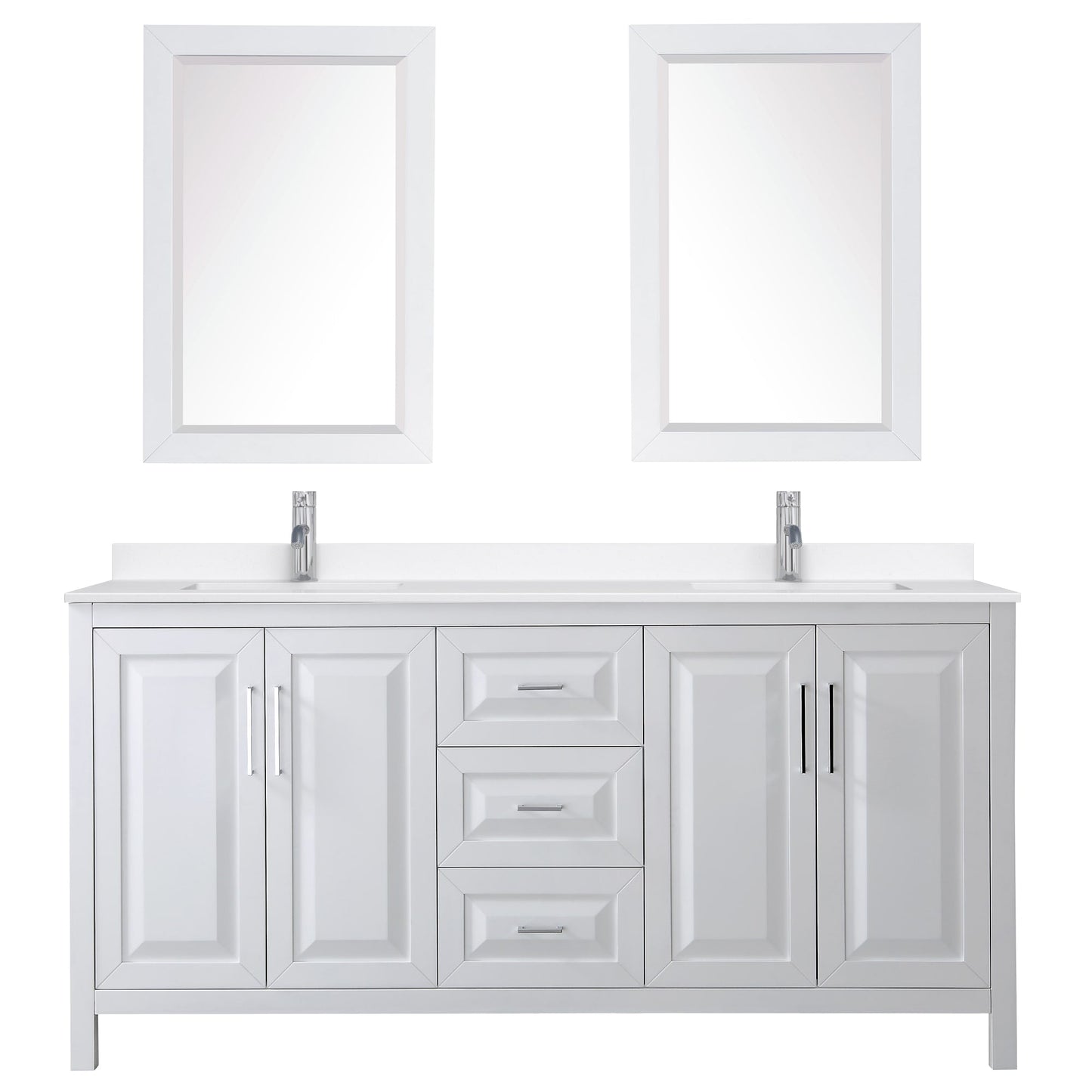 Wyndham Collection Daria 72" Double Bathroom Vanity in White, White Quartz Countertop, Undermount Square Sinks (1-Hole), Polished Chrome Trim, 24" Mirrors