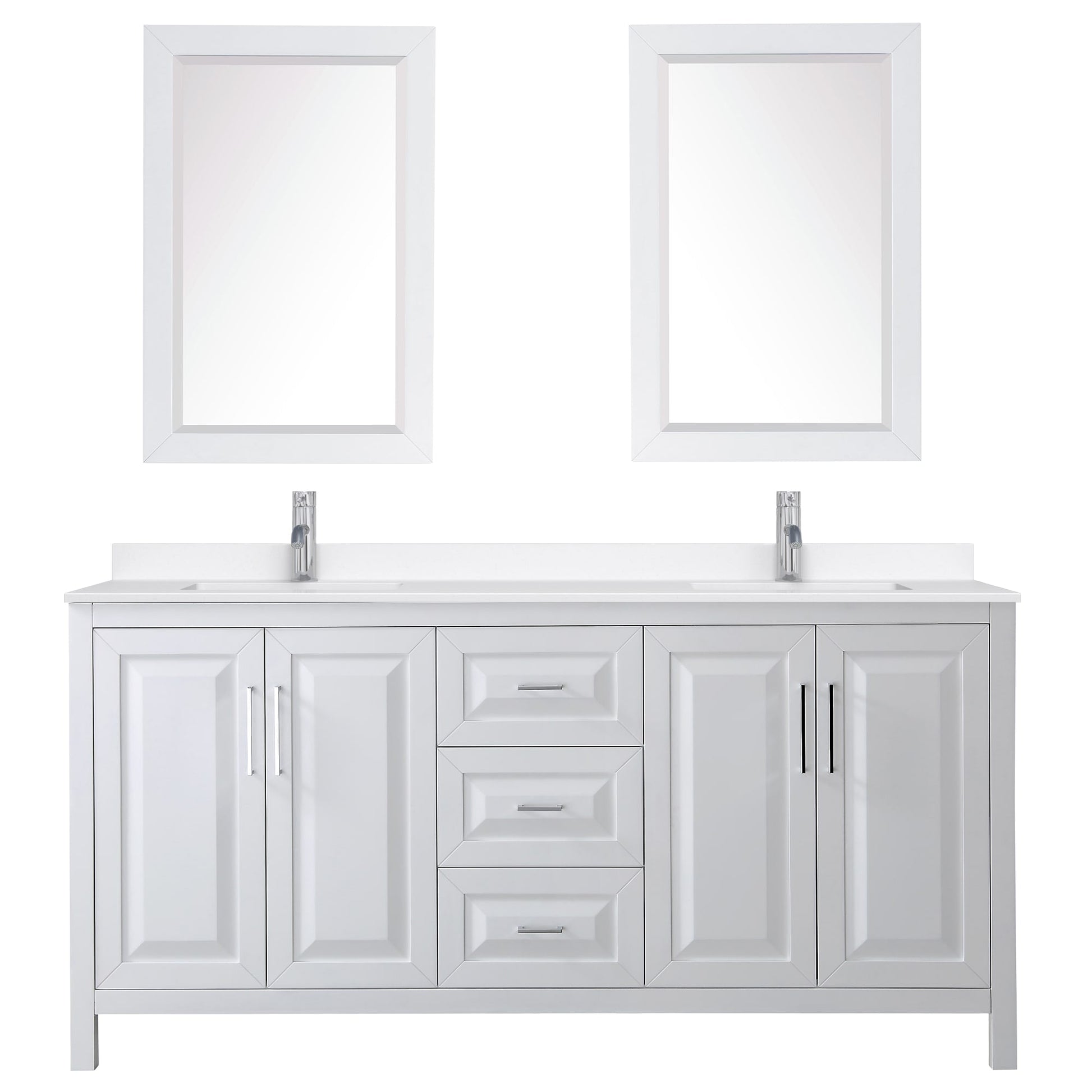 Wyndham Collection Daria 72" Double Bathroom Vanity in White, White Quartz Countertop, Undermount Square Sinks (1-Hole), Polished Chrome Trim, 24" Mirrors