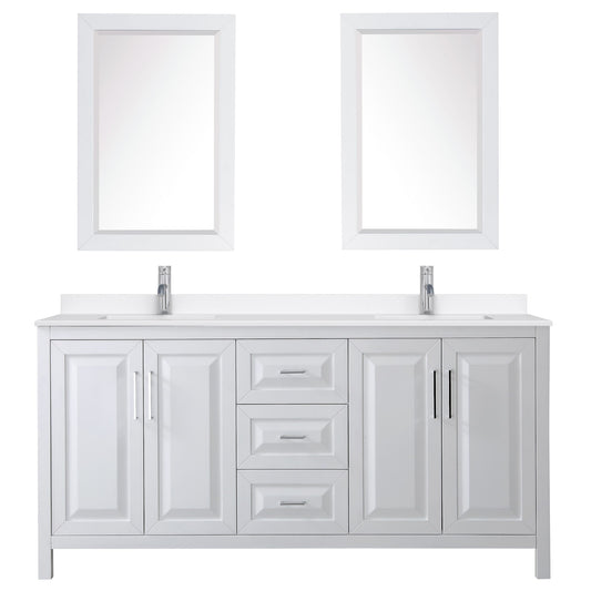 Wyndham Collection Daria 72" Double Bathroom Vanity in White, White Quartz Countertop, Undermount Square Sinks (1-Hole), Polished Chrome Trim, 24" Mirrors