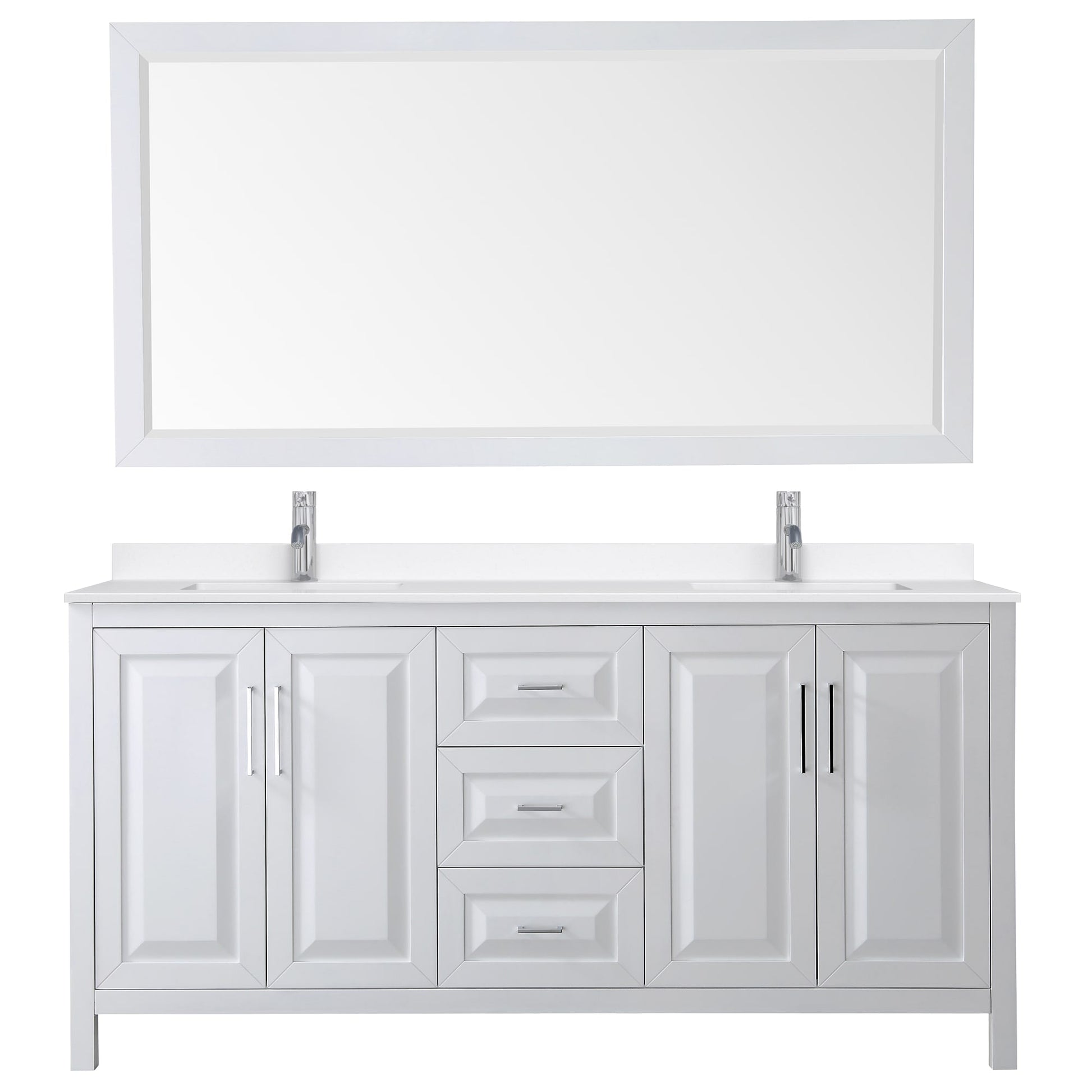 Wyndham Collection Daria 72" Double Bathroom Vanity in White, White Quartz Countertop, Undermount Square Sinks (1-Hole), Polished Chrome Trim, 70" Mirror