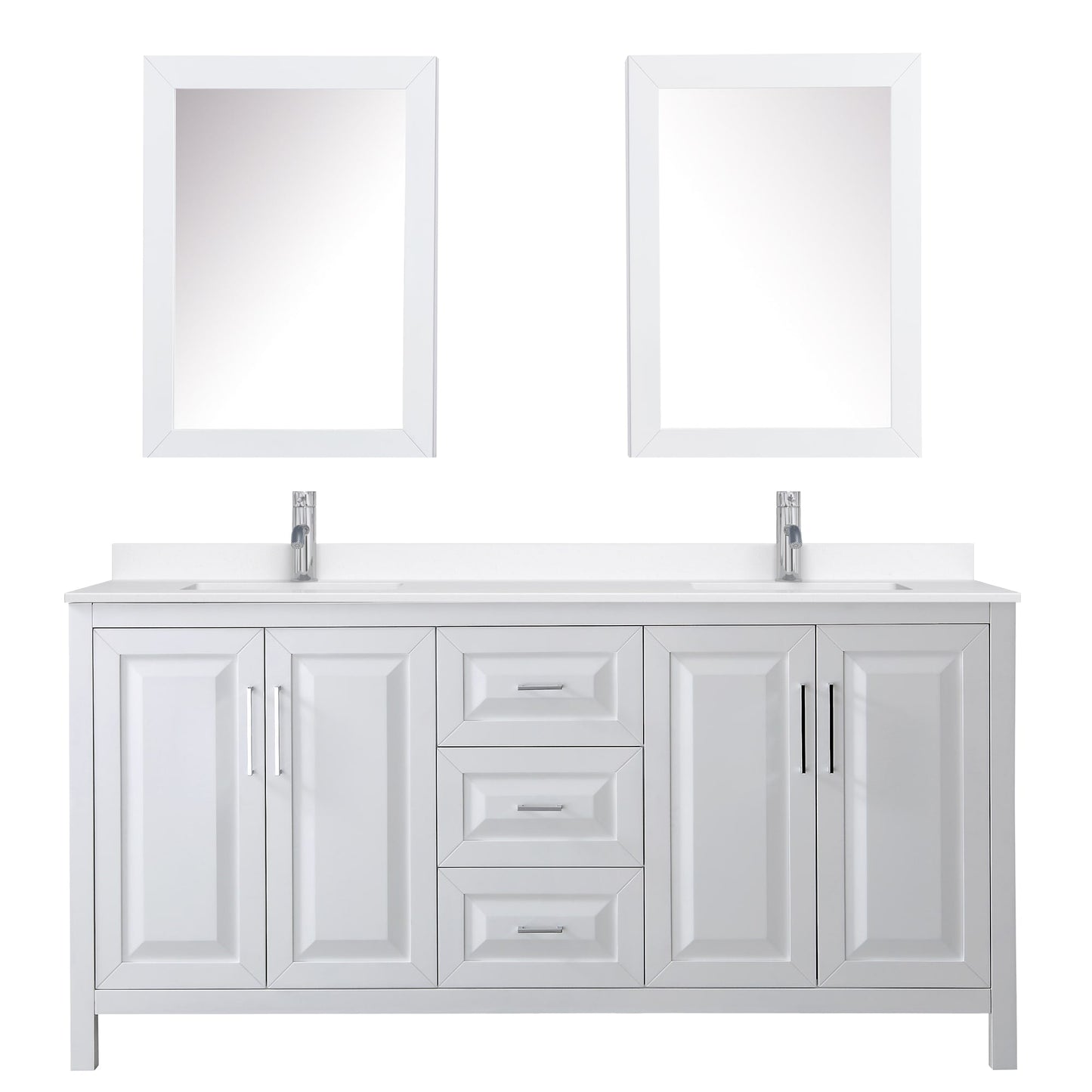 Wyndham Collection Daria 72" Double Bathroom Vanity in White, White Quartz Countertop, Undermount Square Sinks (1-Hole), Polished Chrome Trim, Medicine Cabinets