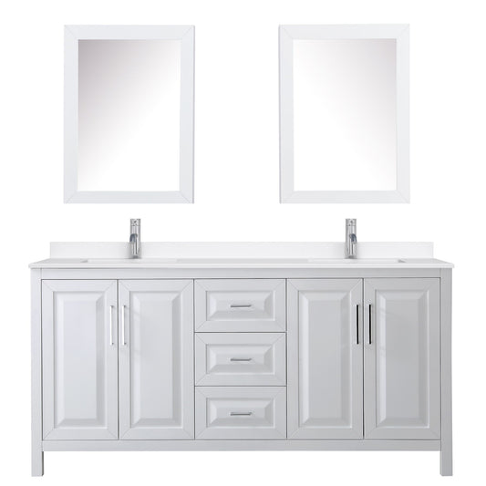 Wyndham Collection Daria 72" Double Bathroom Vanity in White, White Quartz Countertop, Undermount Square Sinks (1-Hole), Polished Chrome Trim, Medicine Cabinets