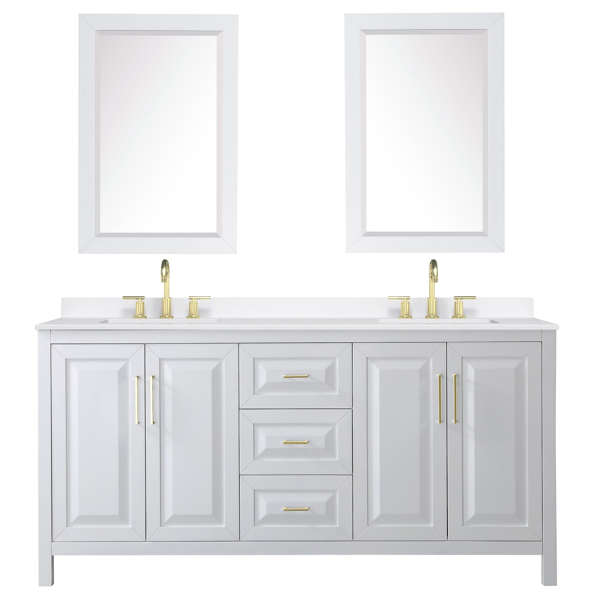 Wyndham Collection Daria 72" Double Bathroom Vanity in White, White Quartz Countertop, Undermount Square Sinks (3-Hole), Brushed Gold Trim, 24" Mirrors