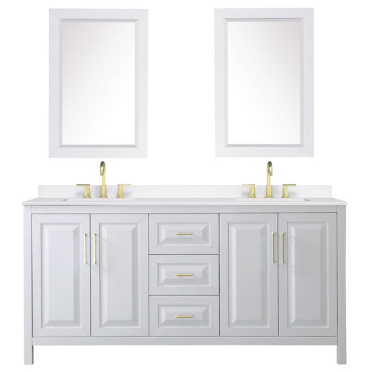 Wyndham Collection Daria 72" Double Bathroom Vanity in White, White Quartz Countertop, Undermount Square Sinks (3-Hole), Brushed Gold Trim, 24" Mirrors