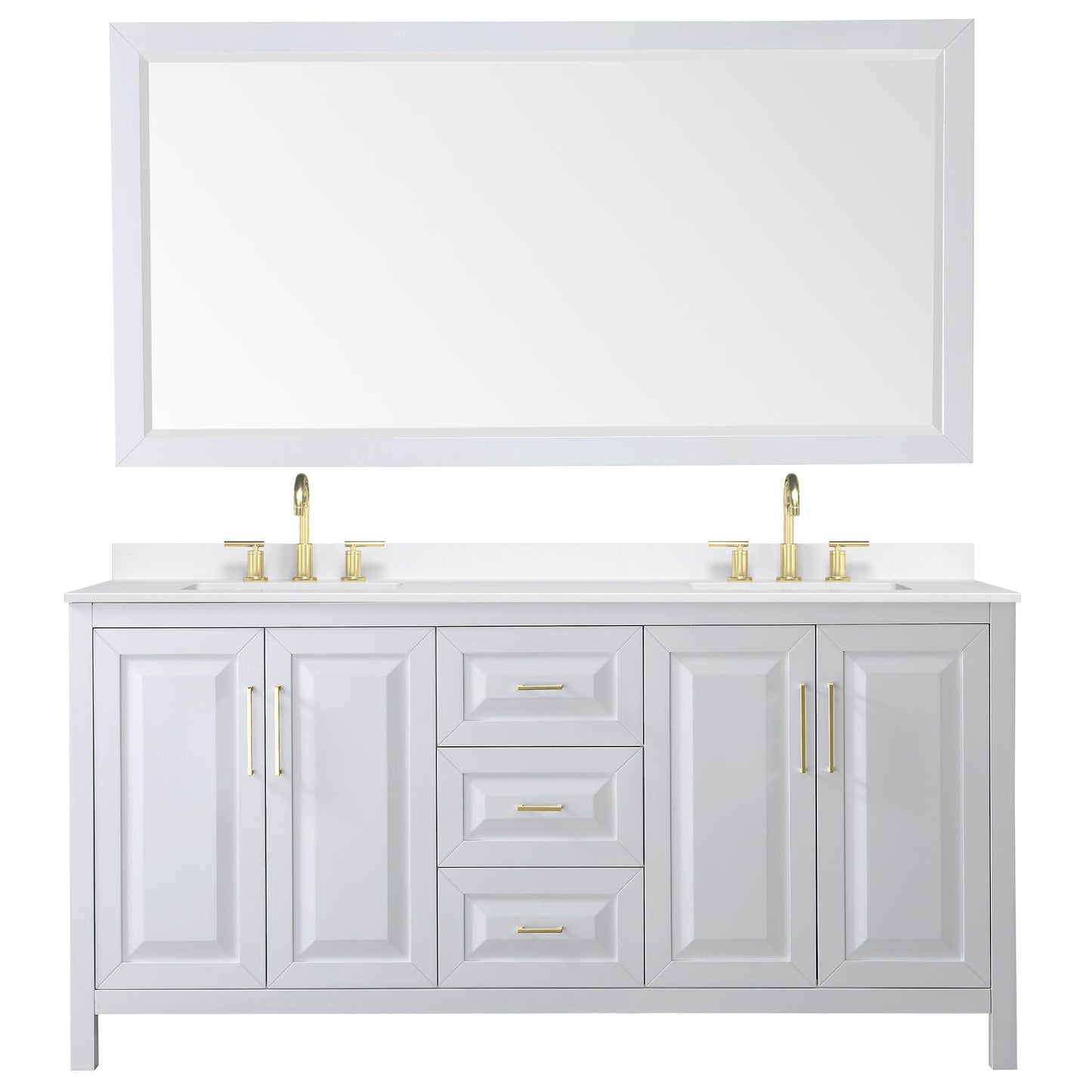 Wyndham Collection Daria 72" Double Bathroom Vanity in White, White Quartz Countertop, Undermount Square Sinks (3-Hole), Brushed Gold Trim, 70" Mirror