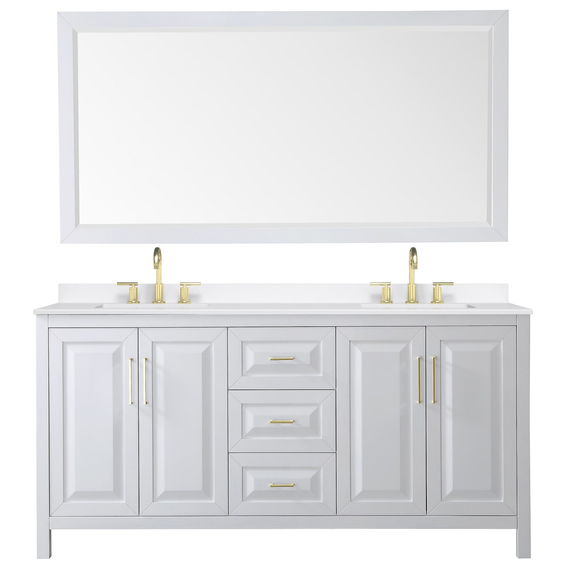 Wyndham Collection Daria 72" Double Bathroom Vanity in White, White Quartz Countertop, Undermount Square Sinks (3-Hole), Brushed Gold Trim, 70" Mirror