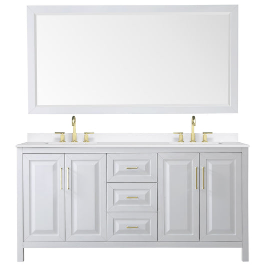 Wyndham Collection Daria 72" Double Bathroom Vanity in White, White Quartz Countertop, Undermount Square Sinks (3-Hole), Brushed Gold Trim, 70" Mirror