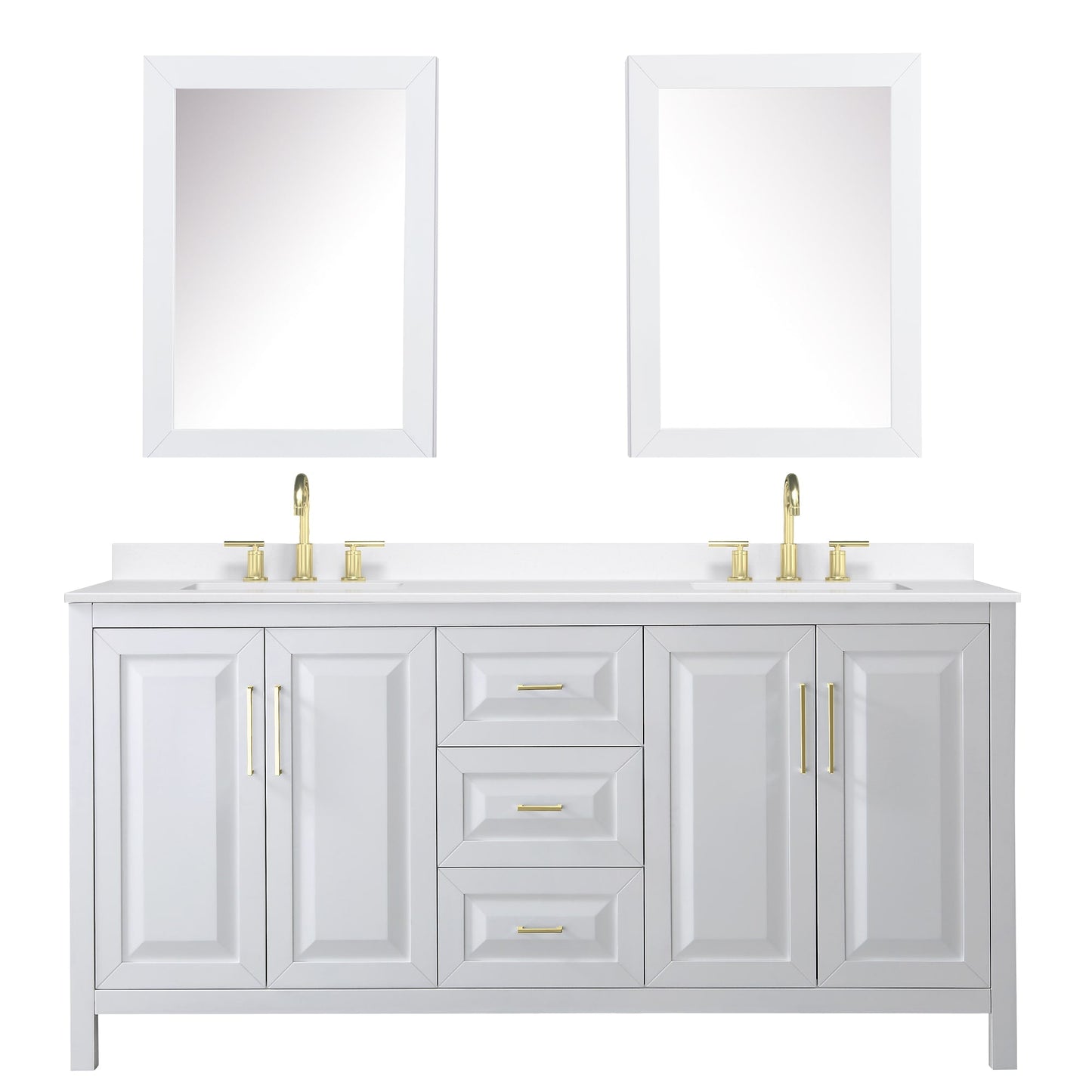 Wyndham Collection Daria 72" Double Bathroom Vanity in White, White Quartz Countertop, Undermount Square Sinks (3-Hole), Brushed Gold Trim, Medicine Cabinets