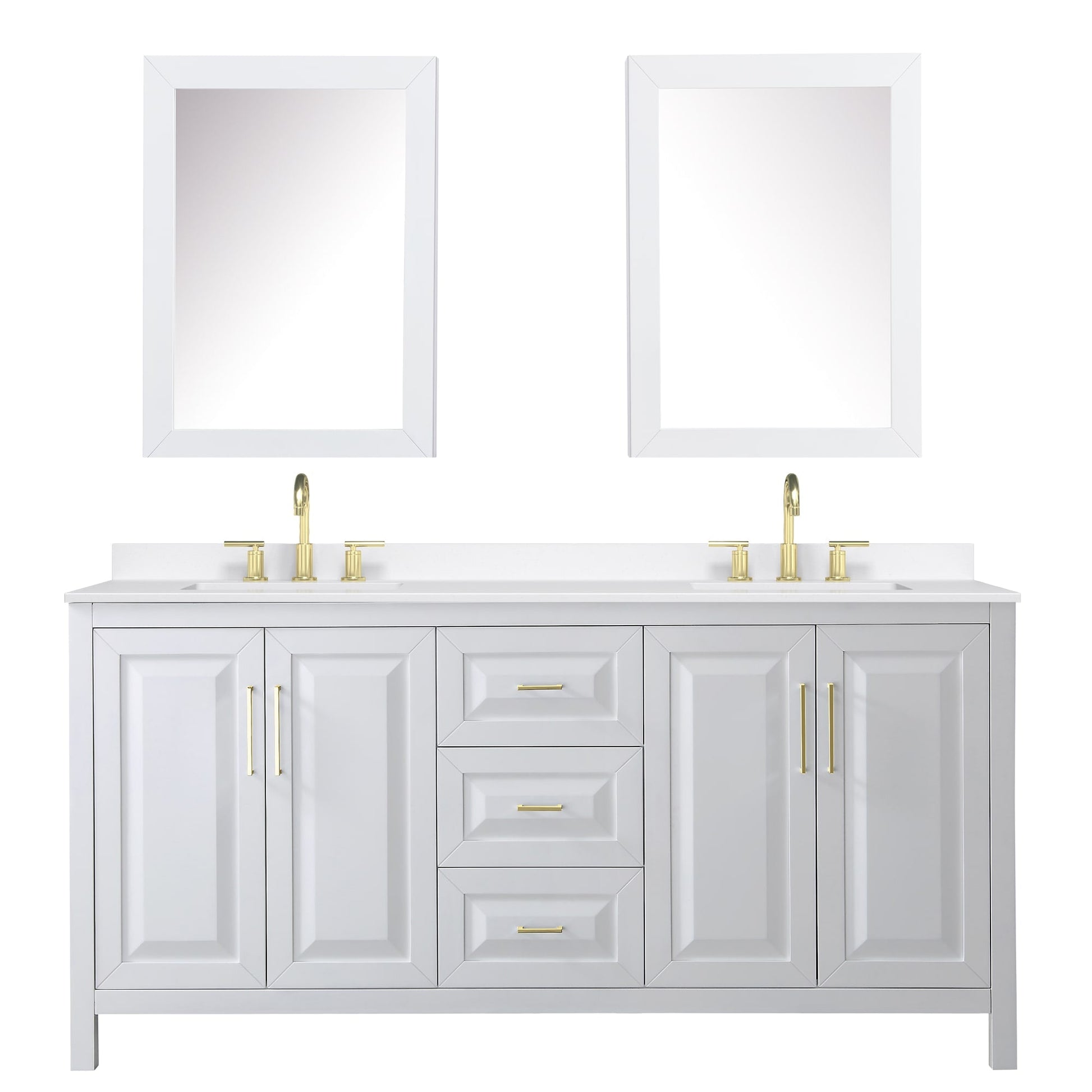Wyndham Collection Daria 72" Double Bathroom Vanity in White, White Quartz Countertop, Undermount Square Sinks (3-Hole), Brushed Gold Trim, Medicine Cabinets