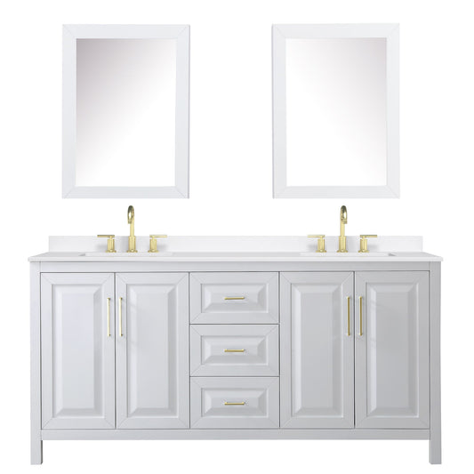 Wyndham Collection Daria 72" Double Bathroom Vanity in White, White Quartz Countertop, Undermount Square Sinks (3-Hole), Brushed Gold Trim, Medicine Cabinets
