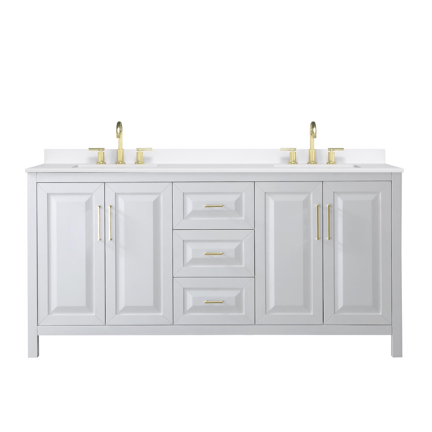 Wyndham Collection Daria 72" Double Bathroom Vanity in White, White Quartz Countertop, Undermount Square Sinks (3-Hole), Brushed Gold Trim
