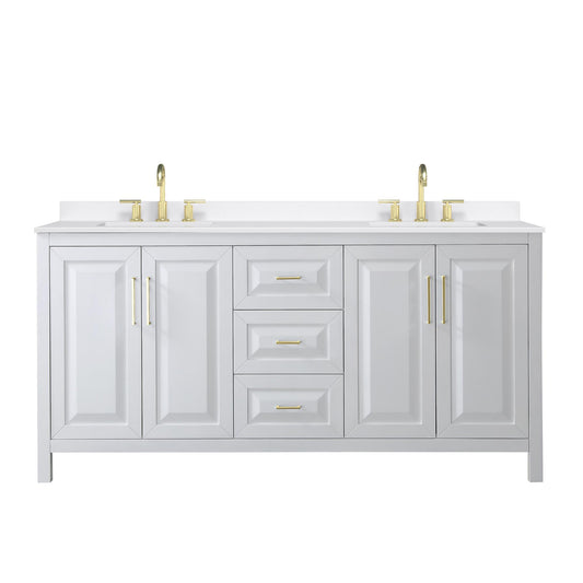 Wyndham Collection Daria 72" Double Bathroom Vanity in White, White Quartz Countertop, Undermount Square Sinks (3-Hole), Brushed Gold Trim