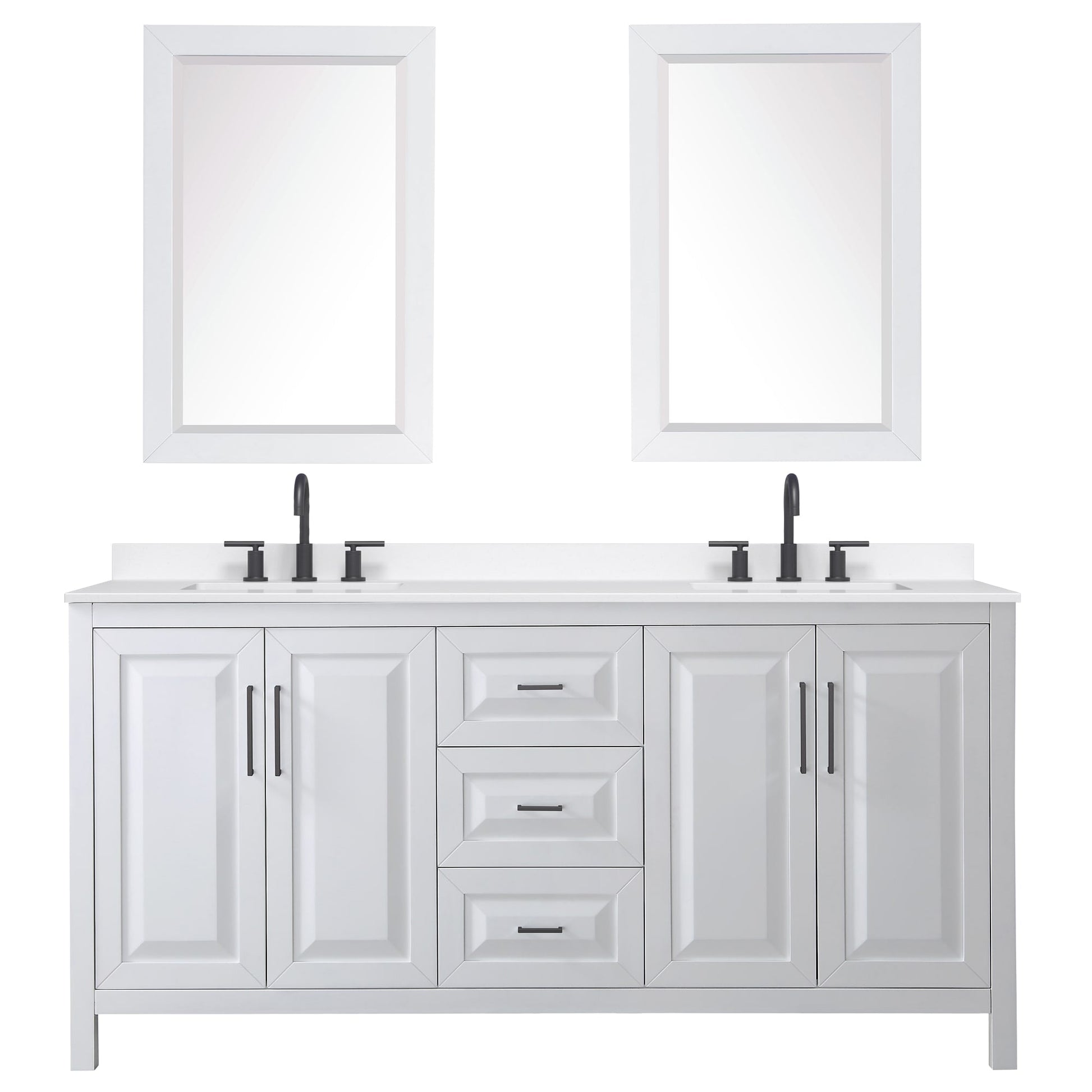 Wyndham Collection Daria 72" Double Bathroom Vanity in White, White Quartz Countertop, Undermount Square Sinks (3-Hole), Matte Black Trim, 24" Mirrors