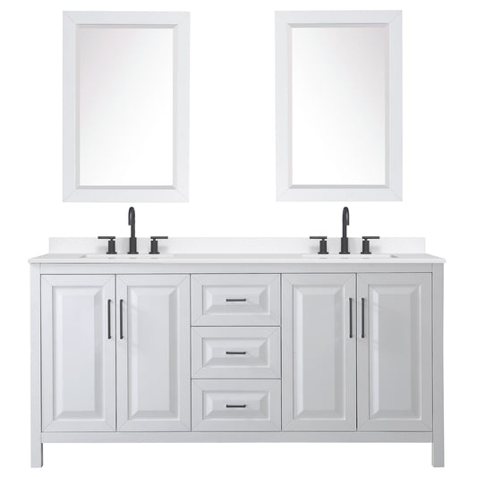 Wyndham Collection Daria 72" Double Bathroom Vanity in White, White Quartz Countertop, Undermount Square Sinks (3-Hole), Matte Black Trim, 24" Mirrors
